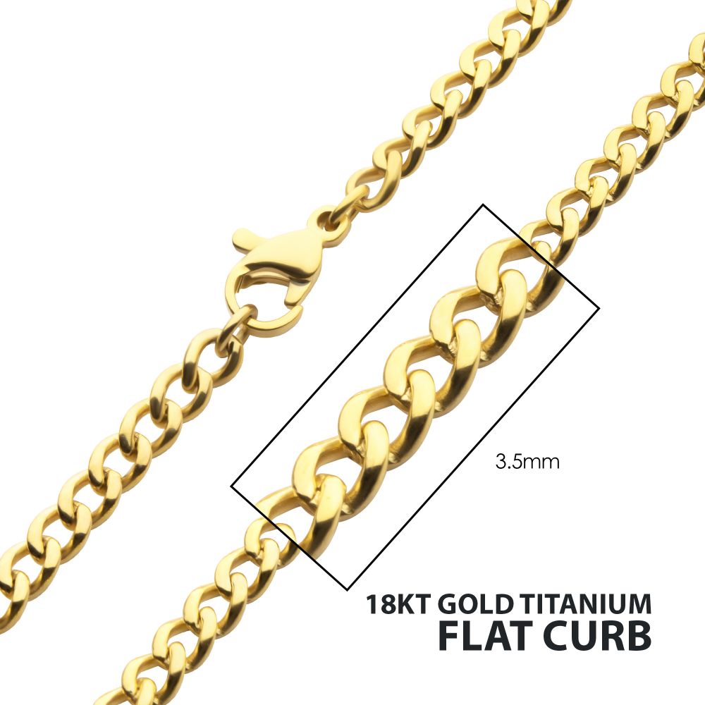 INOX 3.5mm 18Kt Gold IP Titanium Flat Curb Chain Necklace