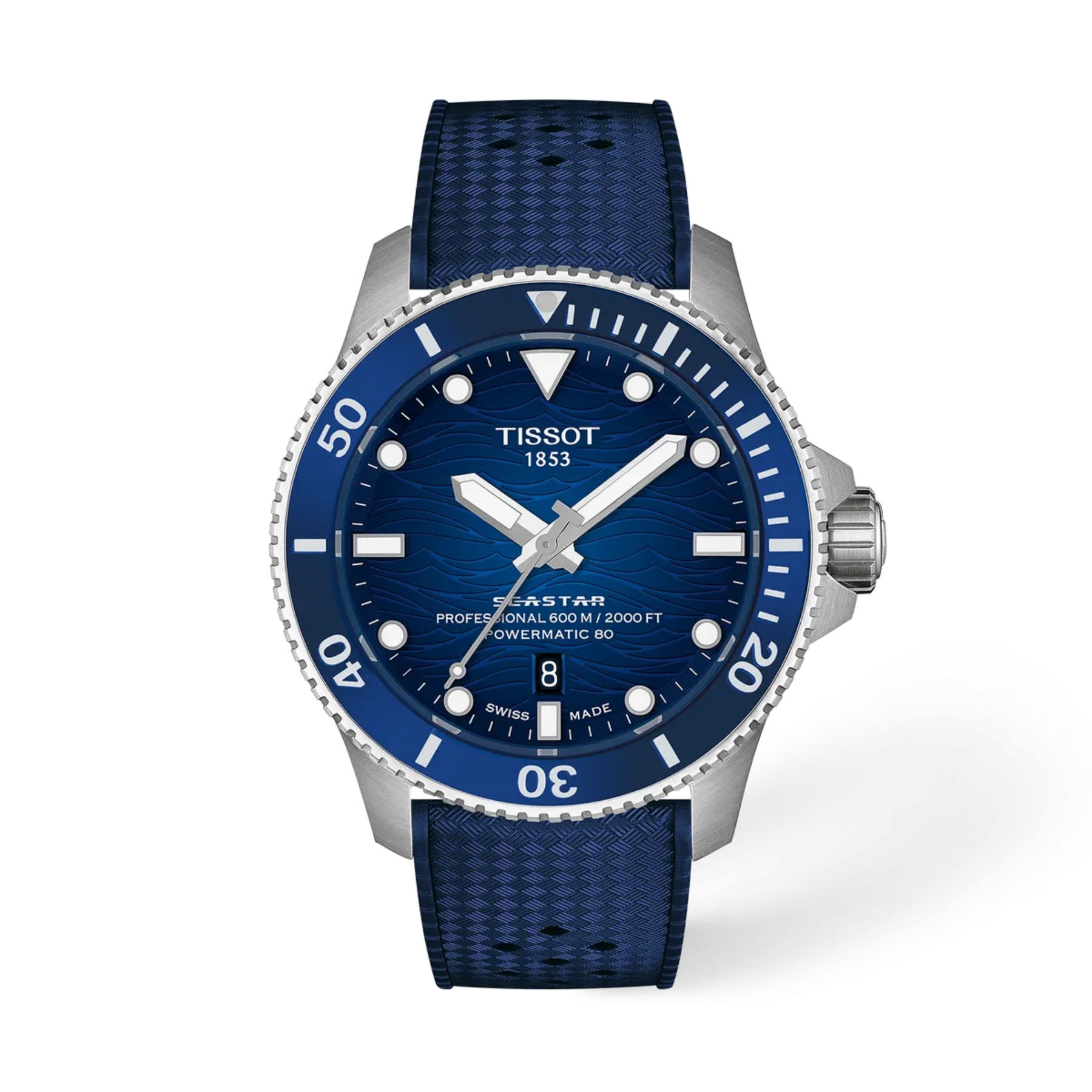 Tissot Seastar Professional 800M Co-washed 80 watch with a blue sunburst dial, blue bezel, and textured blue strap, shown on a white background.