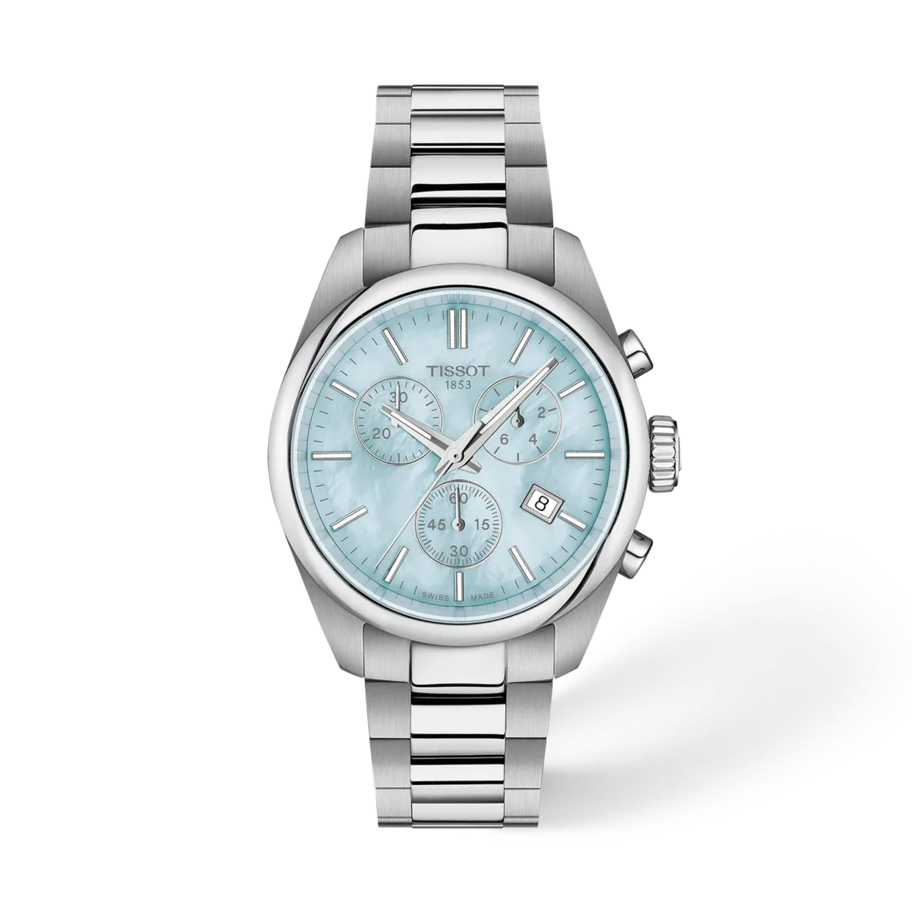 Silver Tissot watch on a light gray background