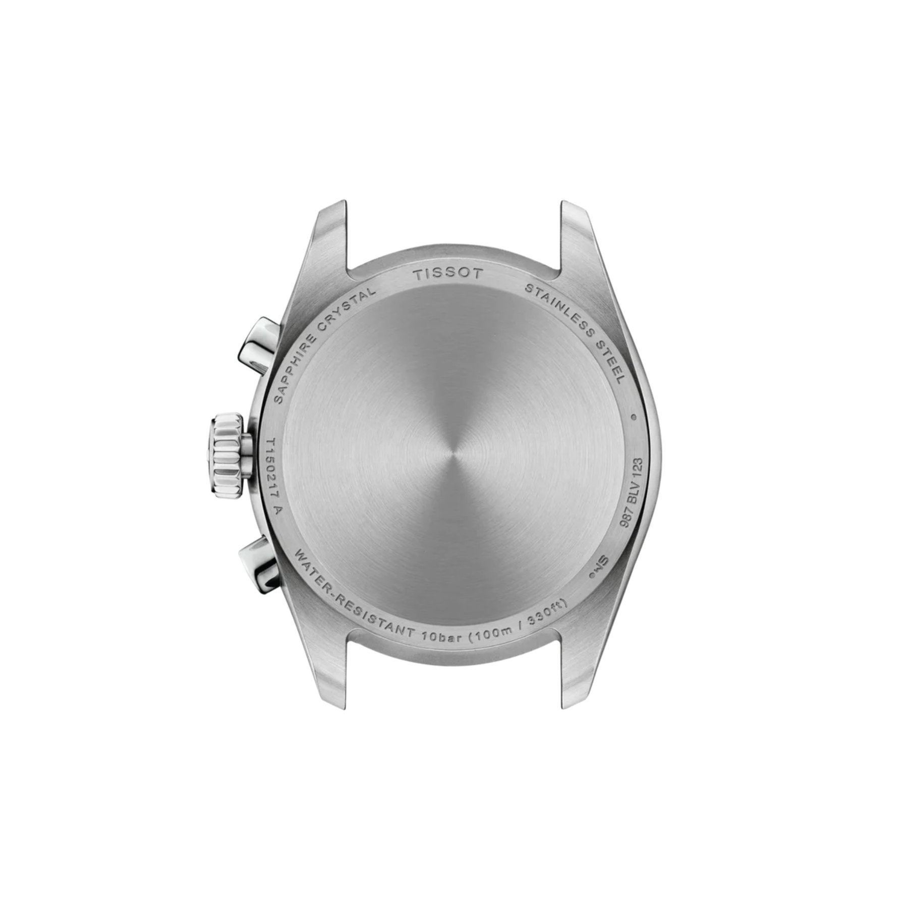 The back of a Tissot stainless steel watch case, showing a brushed metal surface with engraved text and two crown guards, on a solid white background.