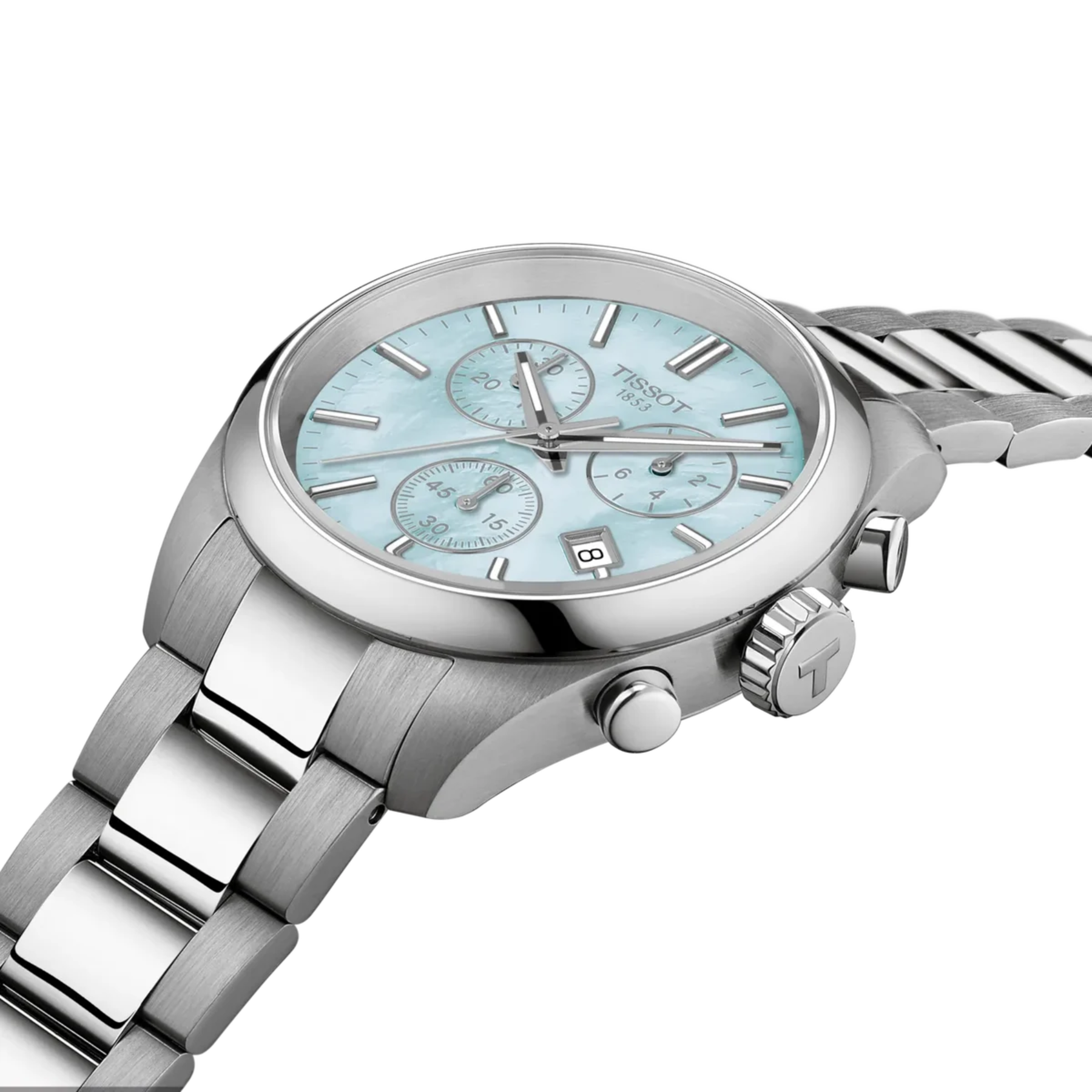Silver watch with a light blue face on a white background