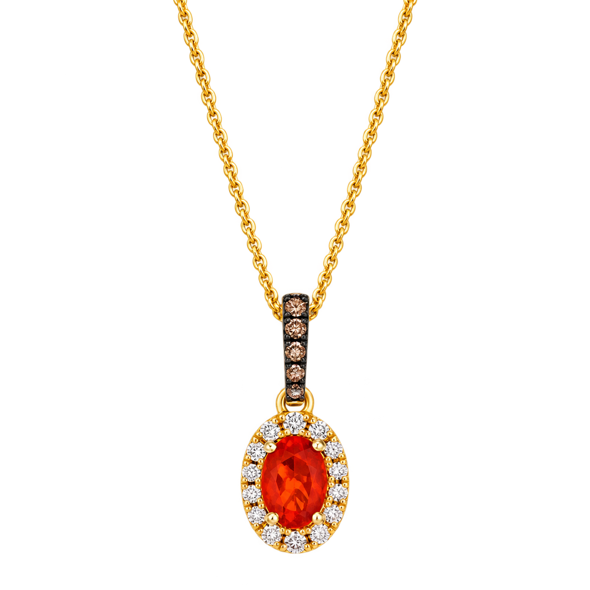 Le Vian U-TTUQ 6 pendant necklace in 14K Honey Gold with an oval orange fire opal, Nude Diamond halo, and Chocolate Diamond bail.