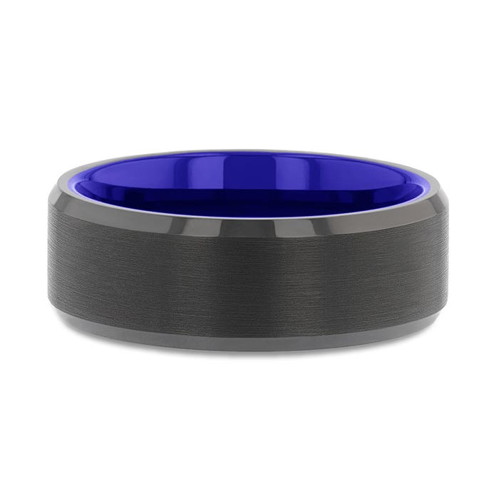 Thorsten "RIGEL" Flat Beveled Edges Black Tungsten Ring with Brushed Center and Vibrant Blue Inside