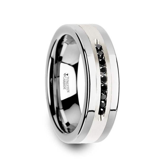 Thorsten "BLACKSTONE" Tungsten Wedding Band with Brushed Silver Inlay Center and Black Diamonds