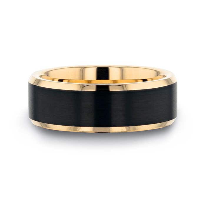 Thorsten "GASTON" Gold-Plated Tungsten Polished Beveled Ring with Brushed Black Center
