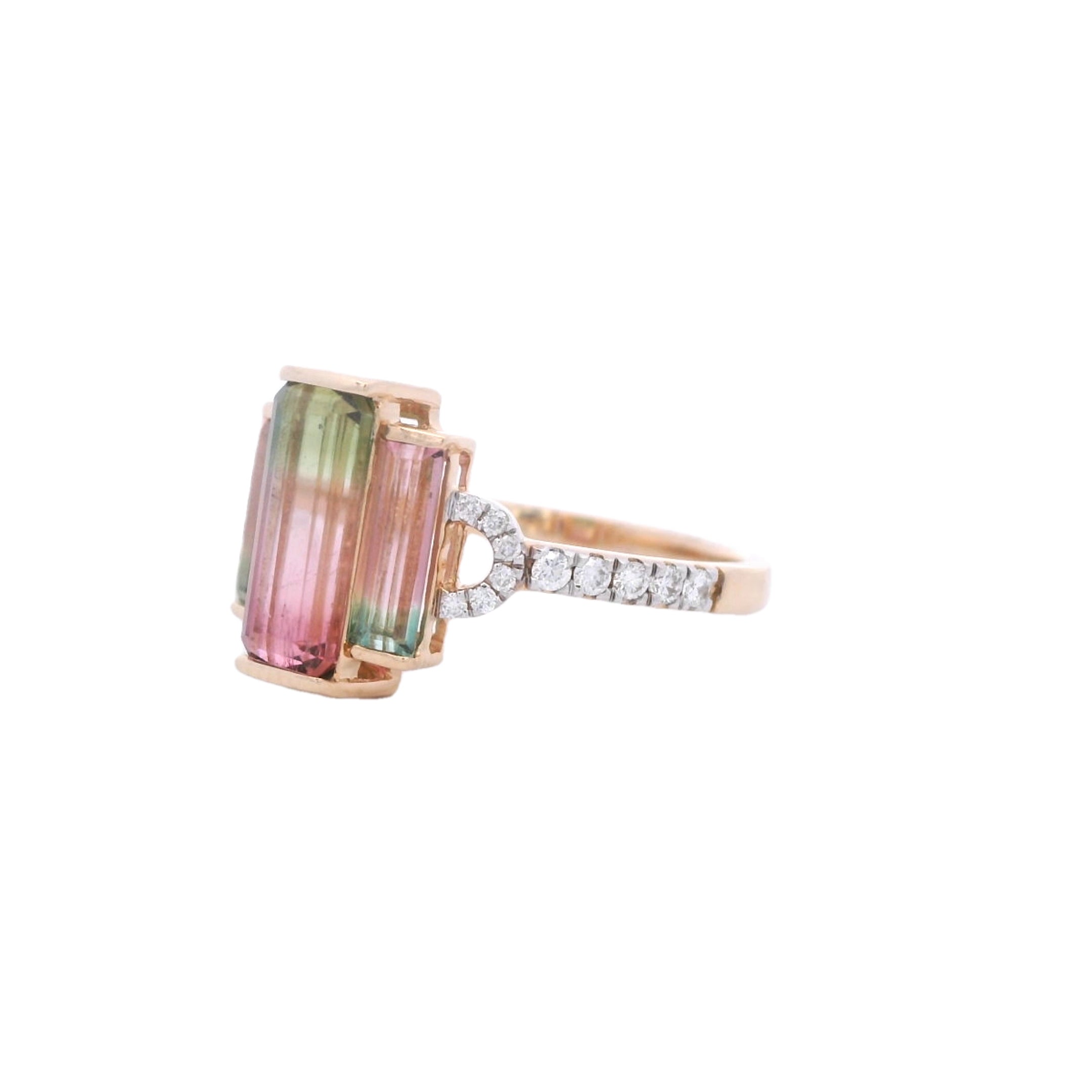 14K Yellow Gold Three Stone Watermelon Tourmaline & Diamond Ring