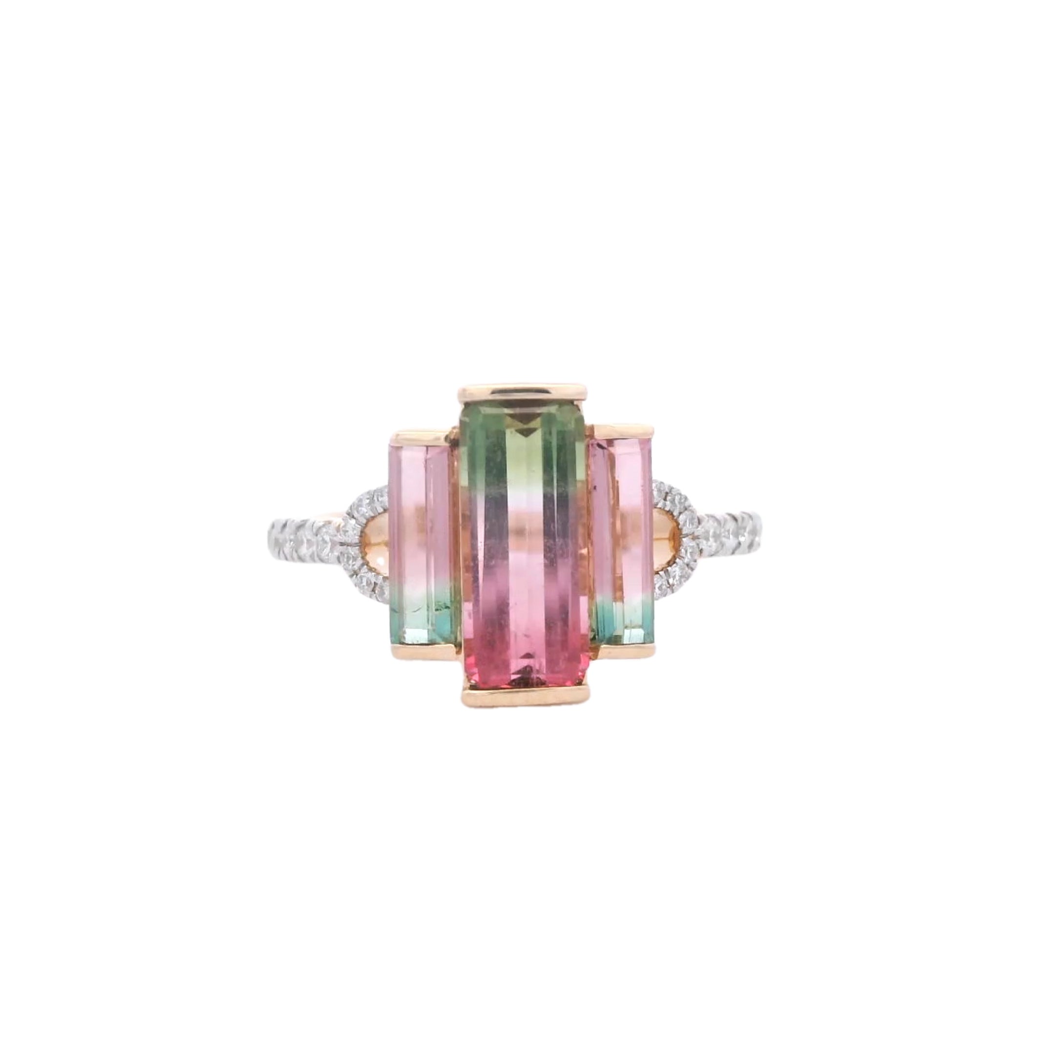 14K Yellow Gold Three Stone Watermelon Tourmaline & Diamond Ring