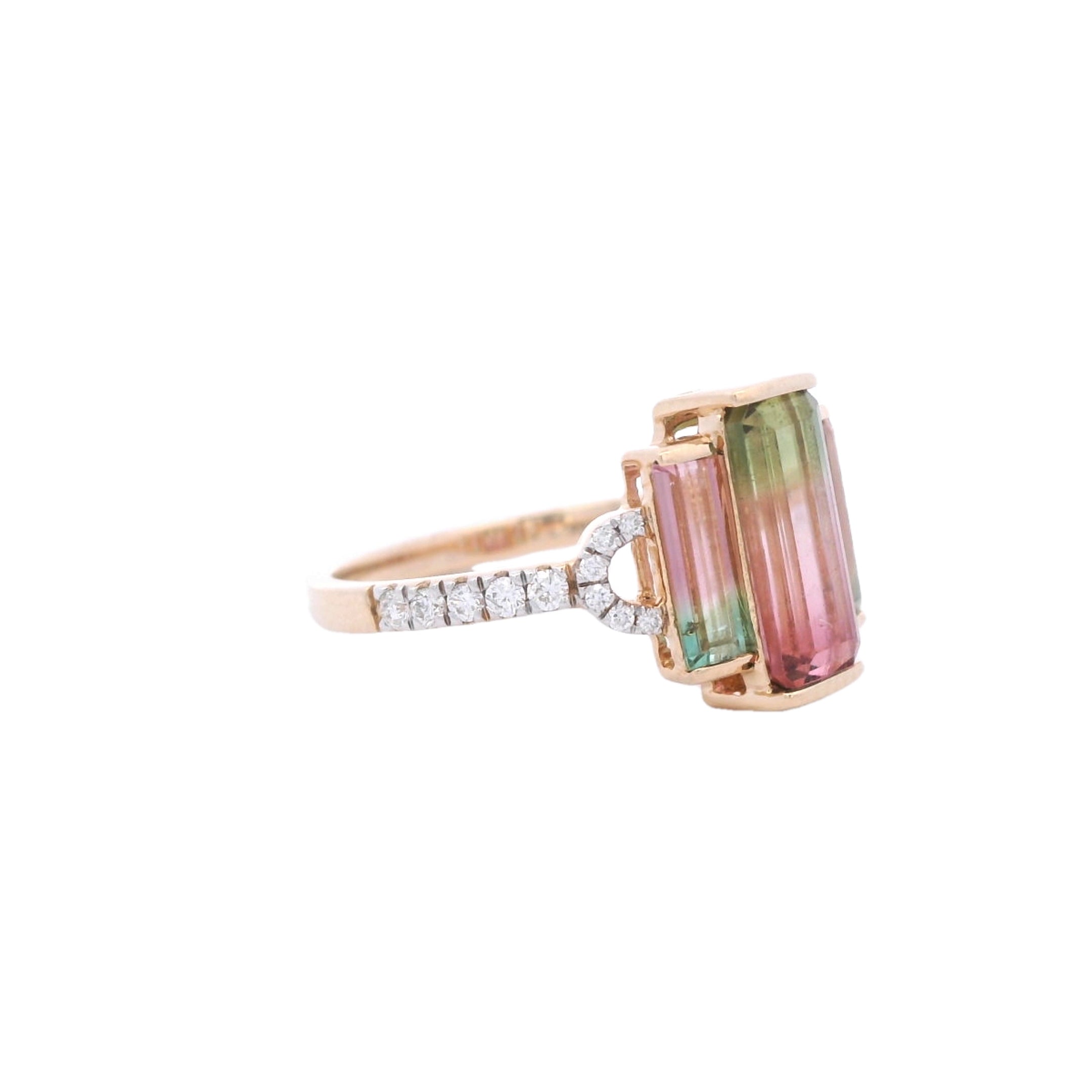 14K Yellow Gold Three Stone Watermelon Tourmaline & Diamond Ring