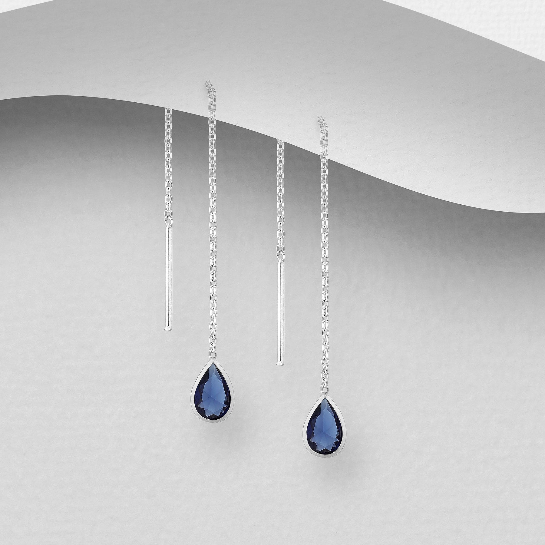 925 Sterling Silver Threader Earrings Decorated with Blue CZ Diamonds