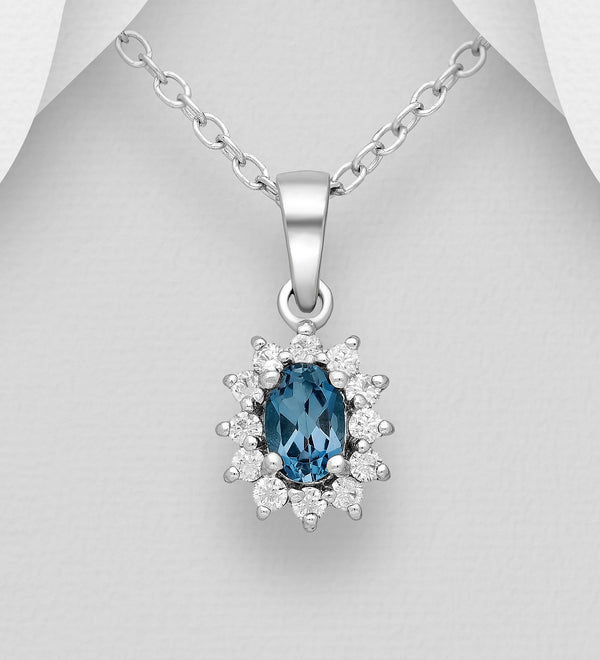 Sterling Silver London Blue Topaz & Synthetic Diamond Halo Pendant