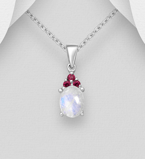 Sterling Silver Rainbow Moonstone & Rhodolite Accented Pendant