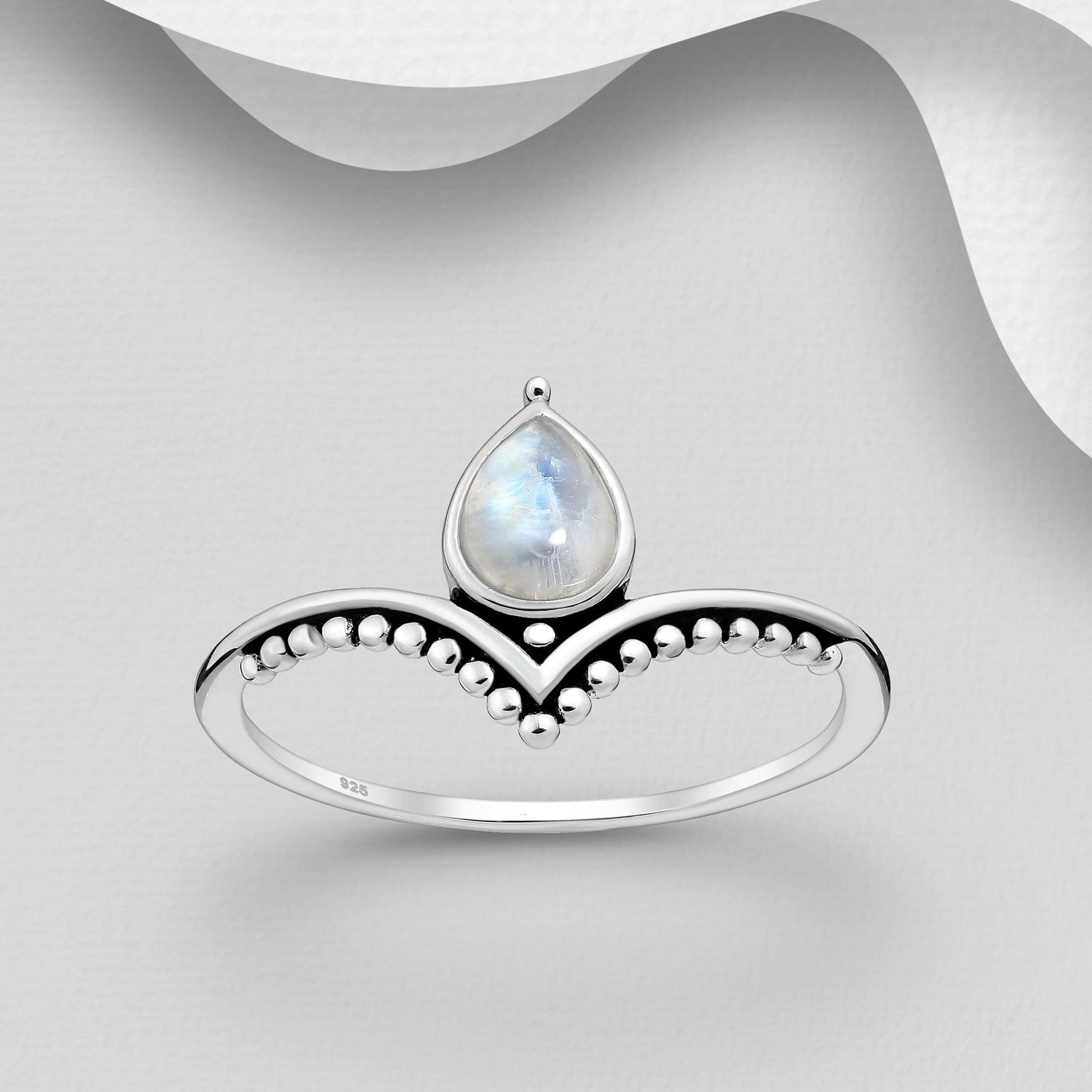 Sterling Silver Rainbow Moonstone Oxidized Droplet Chevron Ring
