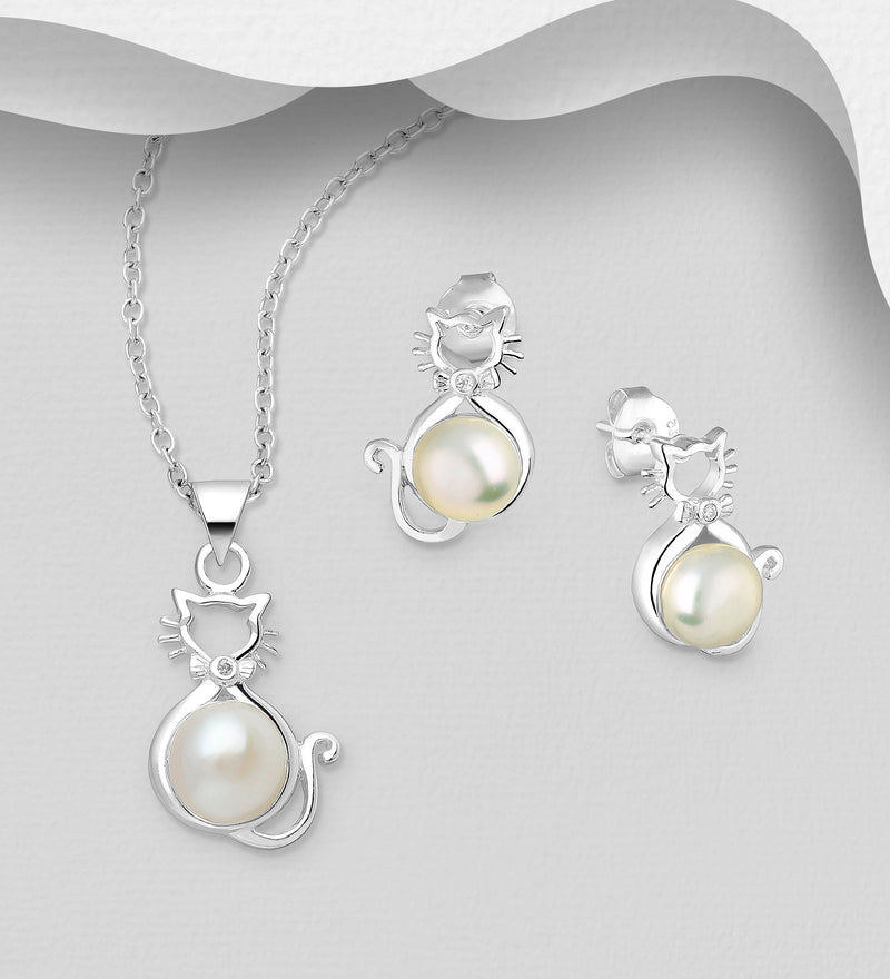 CARA Sterling Silver Freshwater Pearl Cat Matching Earrings & Pendant Set