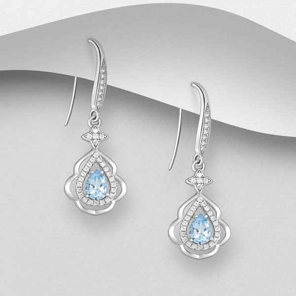 Sterling Silver Droplet Earrings with Sky Blue Topaz & CZ