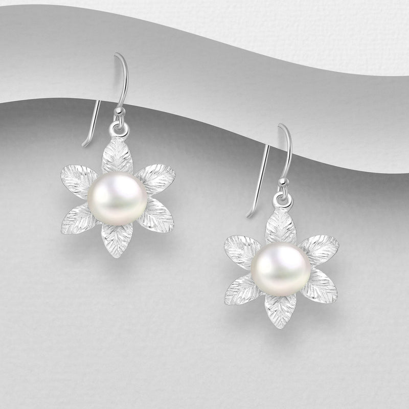 Sterling Silver Freshwater Pearl Flower Drop Earrings