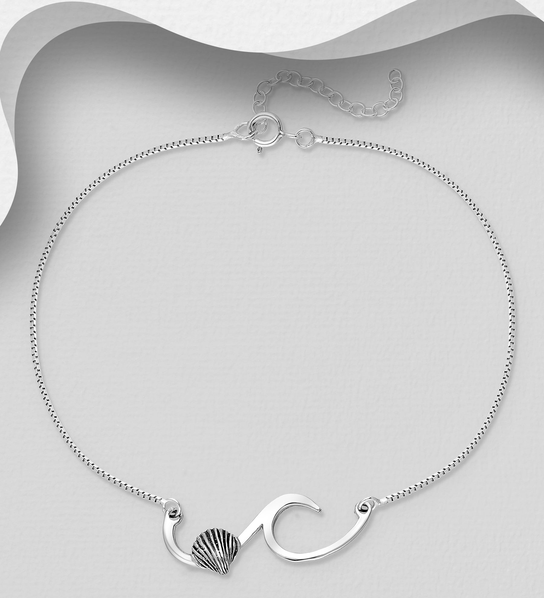 Sterling Silver Wave and Shell Ocean-Life Anklet