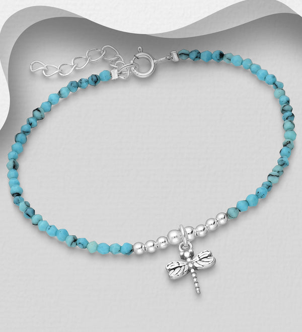 Sterling Silver Reconstructed Sky Blue Turquoise Dragonfly Bracelet