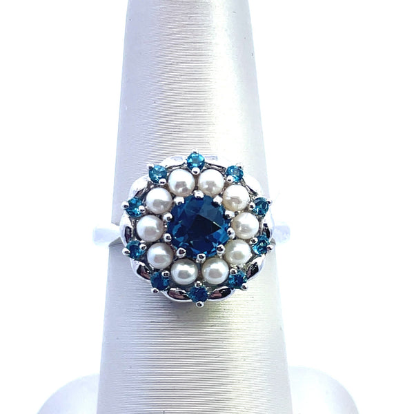 Sterling Silver Pearl & London Blue Topaz Halo Ring