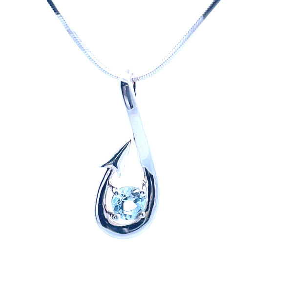 Sterling Silver Fish Hook Necklace Accented With a sky Blue Topaz Stone
