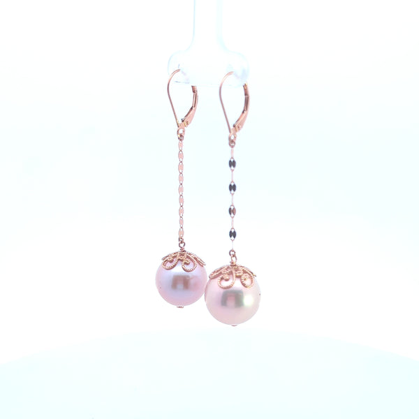 14K Rose Gold Imperial Pink Pearl Drop Earrings