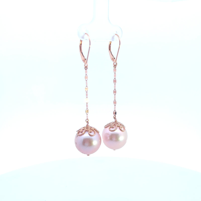 14K Rose Gold Imperial Pink Pearl Drop Earrings