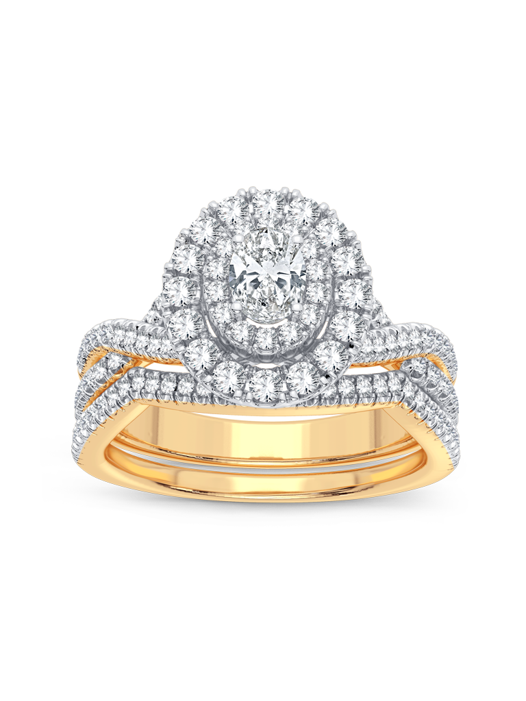 The "Elizabeth" — 14K Yellow Gold 3/4CTW. Diamond Oval Double-Halo Engagement Ring & Wedding Band Set