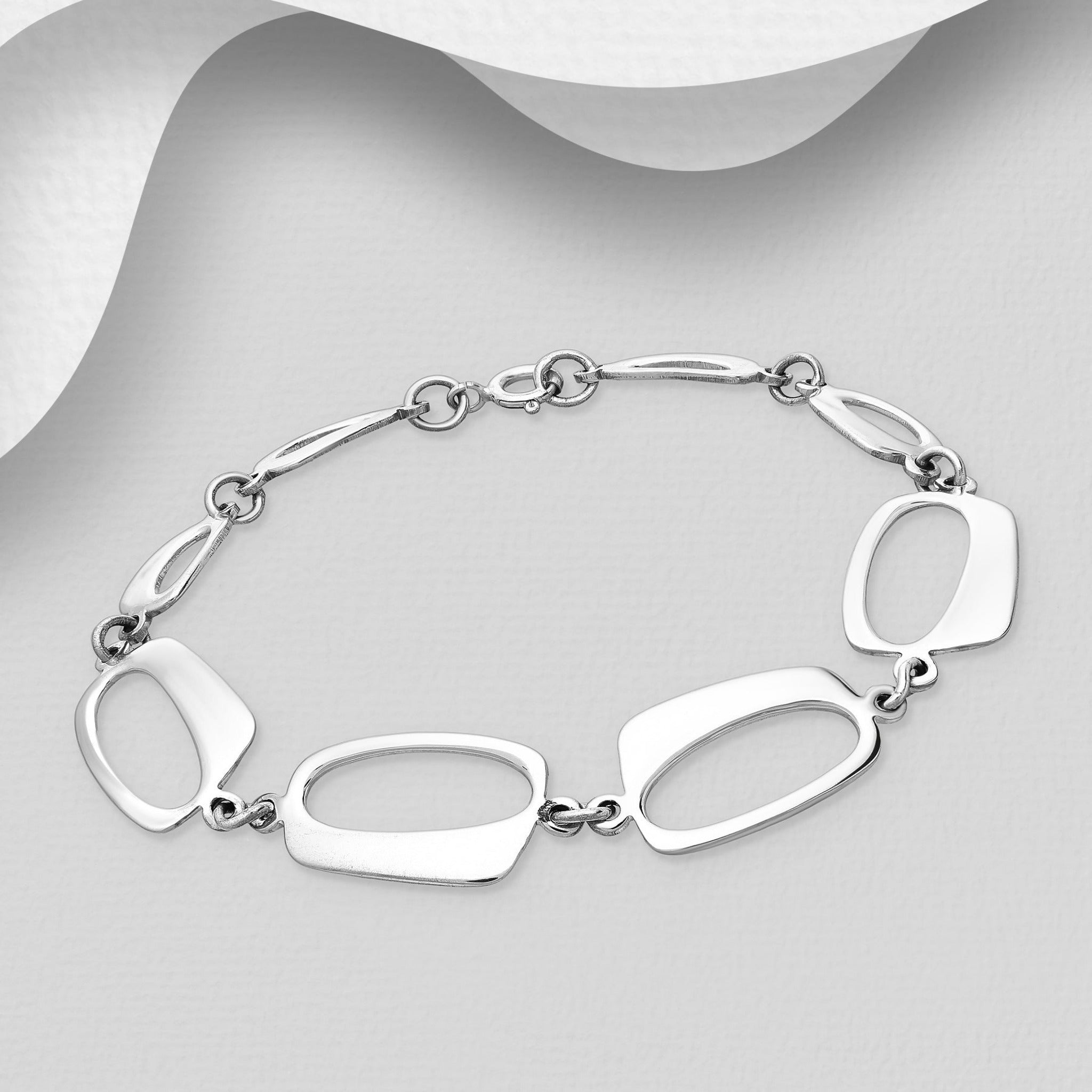 Sterling Silver Geometric Open Fancy Link Bracelet