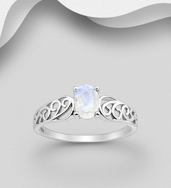 Sterling Silver Oval Colored Stone Scroll Ring