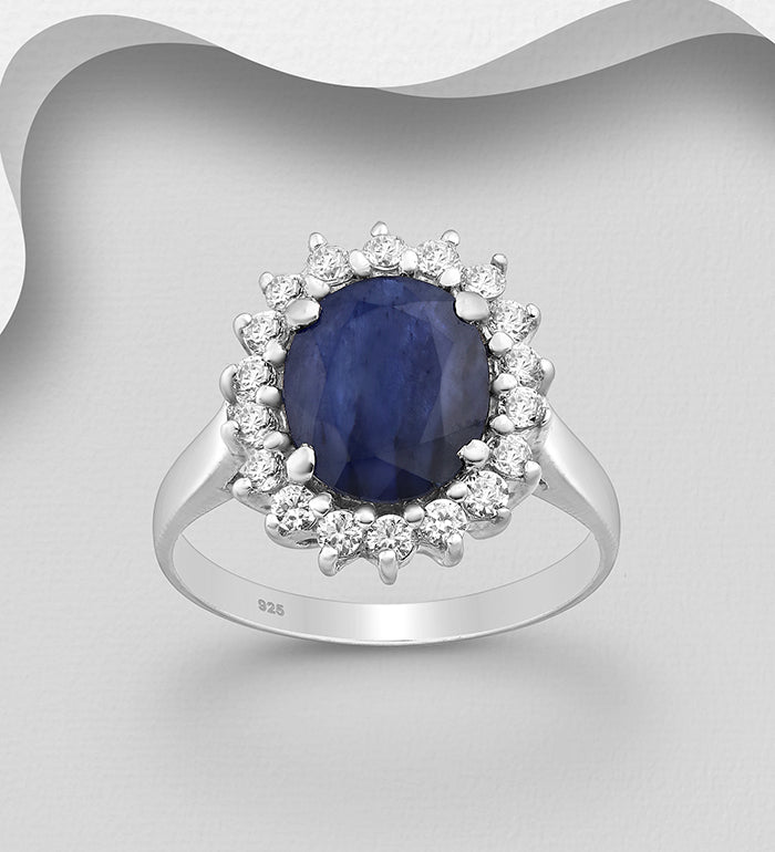 925 Sterling Silver Oval Halo Ring, Decorated with Blue Sapphire and white sapphires