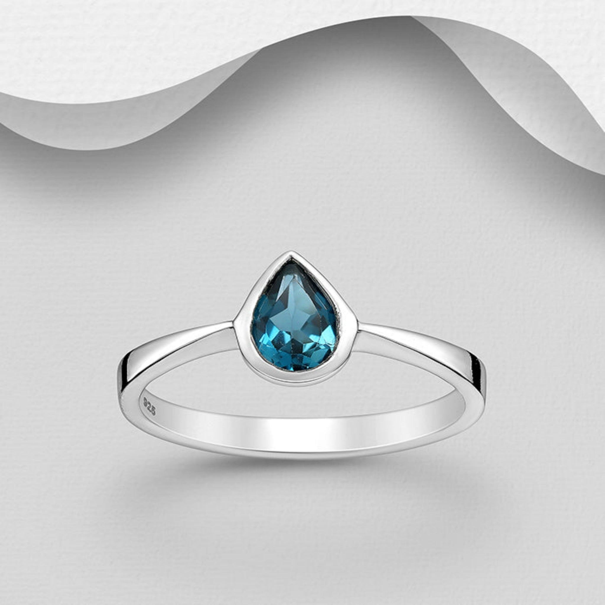 925 Sterling Silver Droplet Ring with London Blue Topaz Gemstone