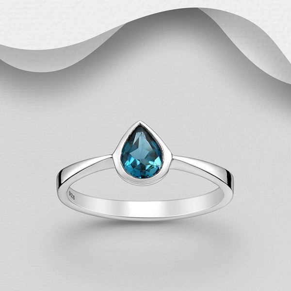 925 Sterling Silver Droplet Ring with London Blue Topaz Gemstone