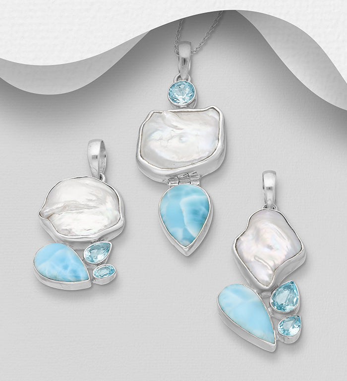 Sterling Silver Freshwater Pearl, Larimar & Sky-Blue Topaz Pendant Necklace