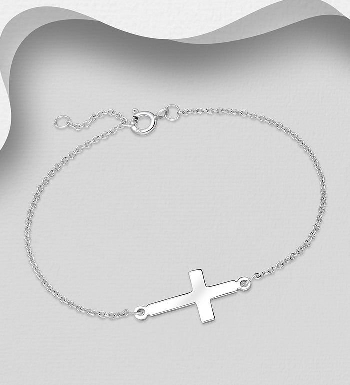 925 Sterling Silver Sideways Cross Chain Bracelet