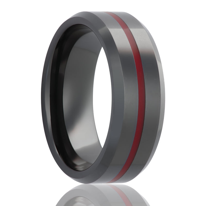 8MM Men's Black Ceramic Band with Thin Red Line Epoxy Inlay