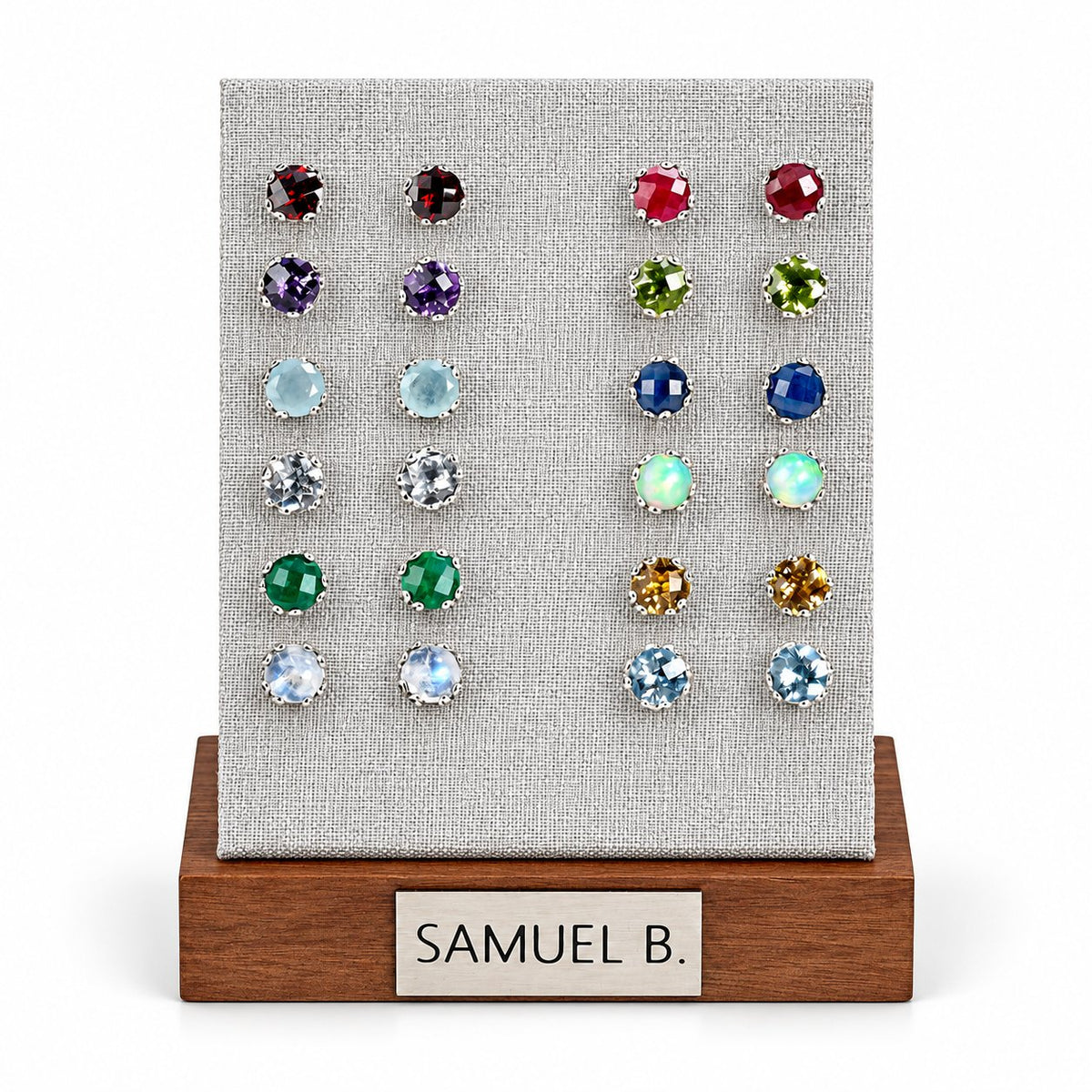 Samuel B. Birthstone Glow stud earring collection displayed in multiple gemstone colors.
