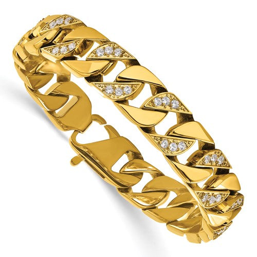 Polished Stainless Steel Cubic Zirconia Yellow Curb Link Bracelet