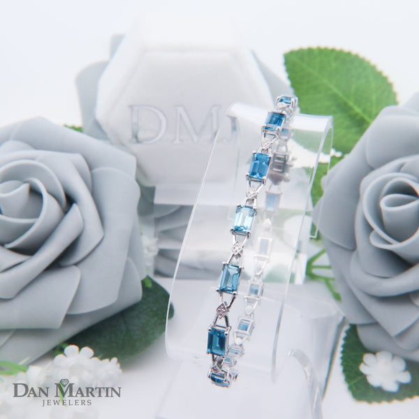Sterling Silver 11CT. London Blue Topaz & 1/10CT. Diamond Baguette Link Bracelet