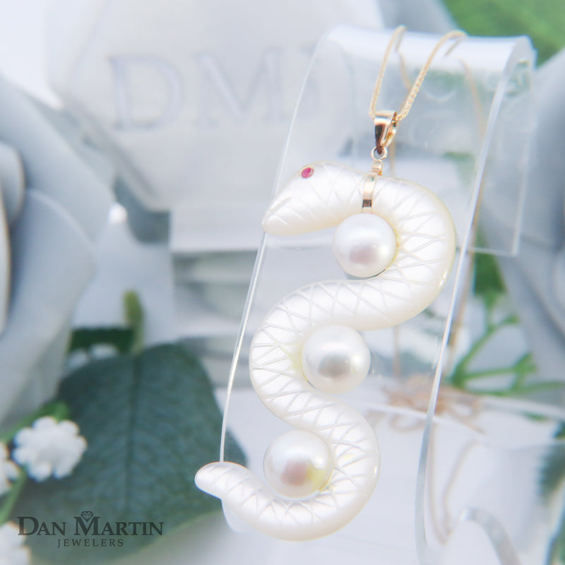 14K Yellow Gold Hand Carved Mother-of-Pearl Curling Snake Pendant