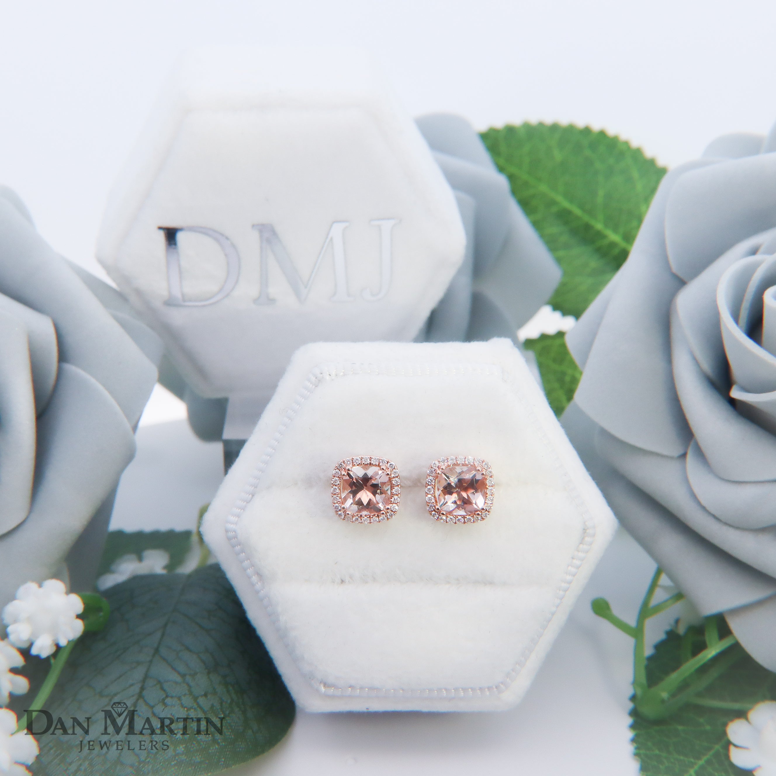 14K Rose Gold 1-1/2CT. Cushion-Cut Morganite & 1/5CT. Diamond Halo Stud Earrings