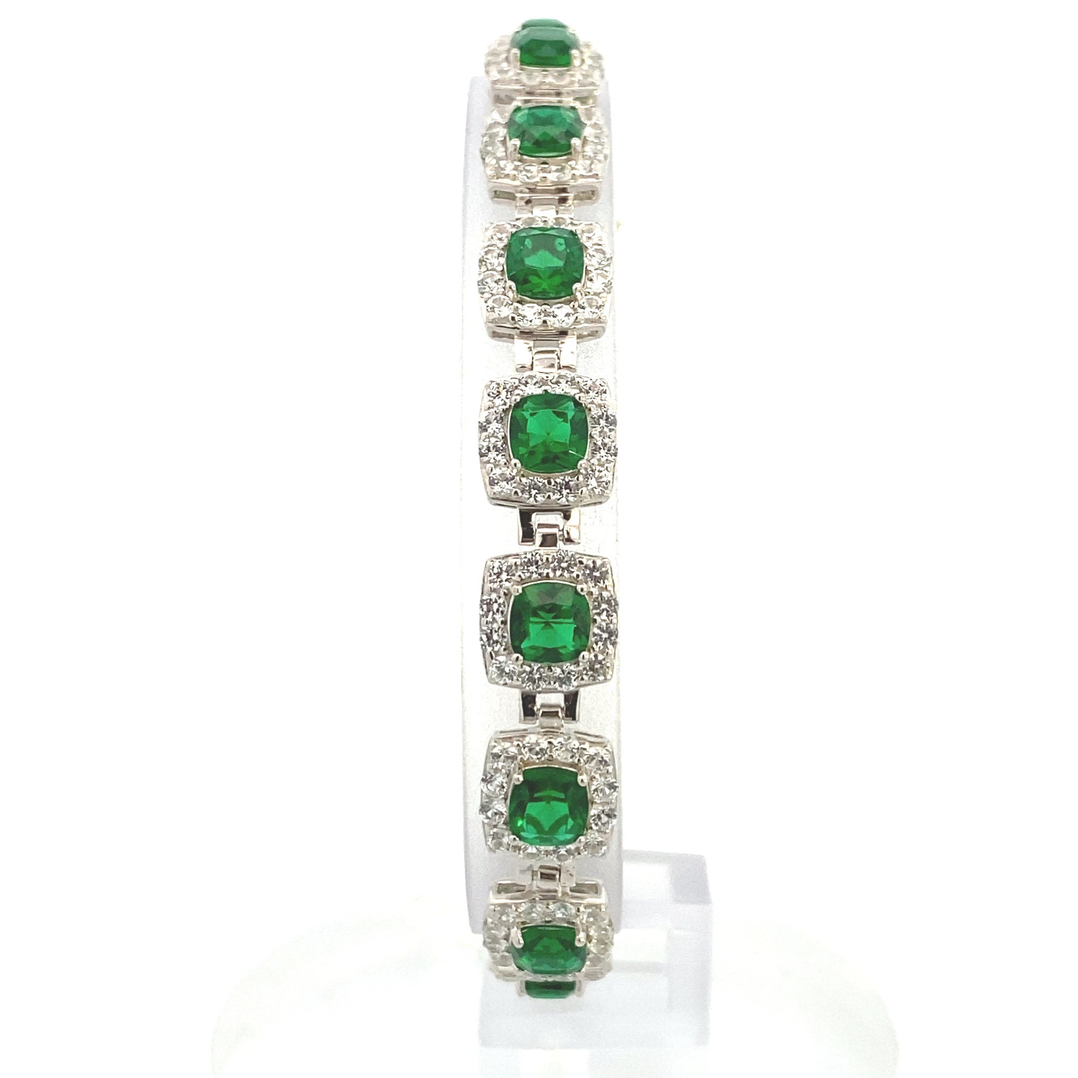 Sterling Silver Created Emerald & Created White Sapphire Halo Tennis Bracelet