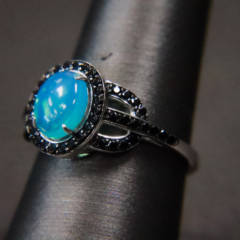 Sterling Silver Blue Opal & Black Spinel Fashion Ring