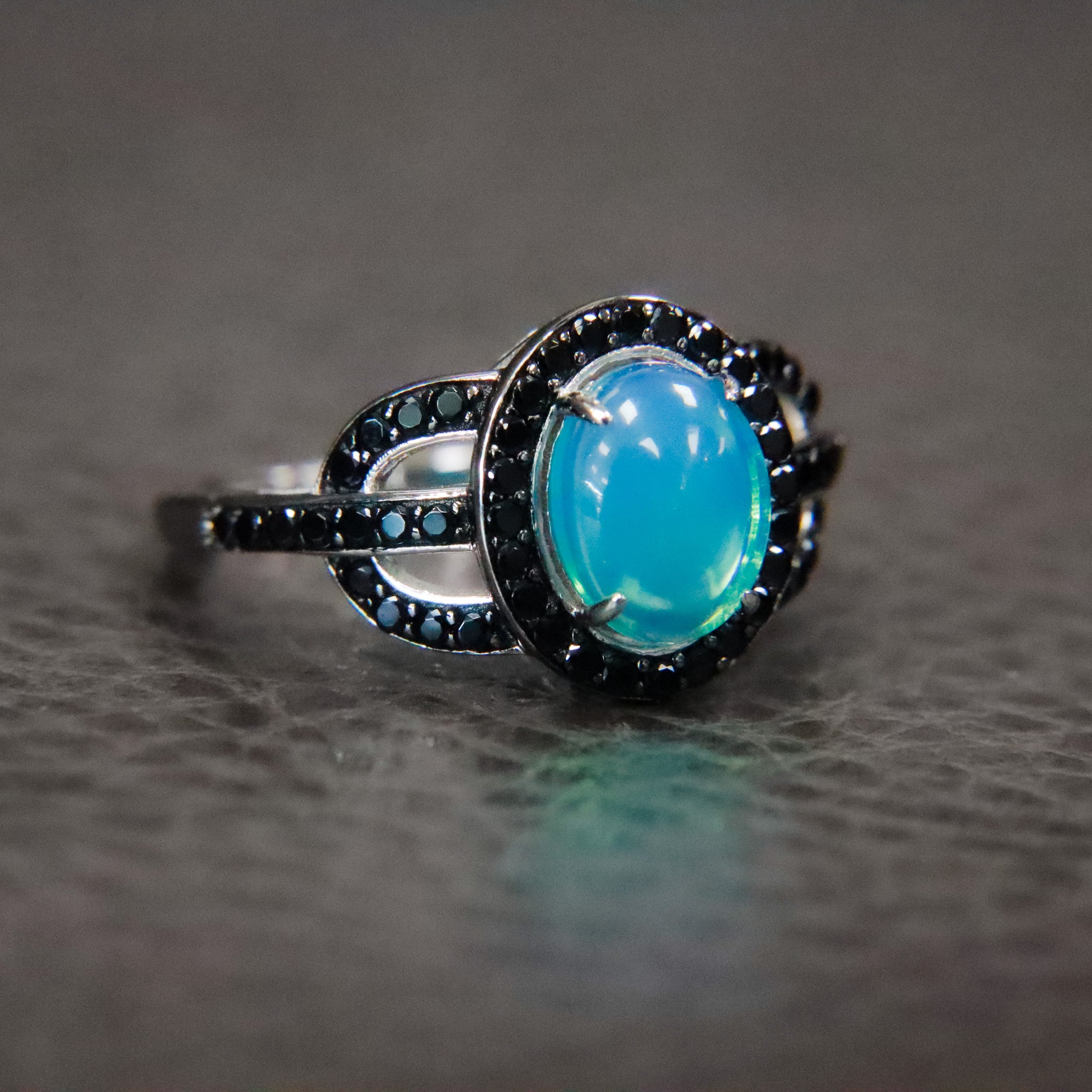 Sterling Silver Blue Opal & Black Spinel Fashion Ring