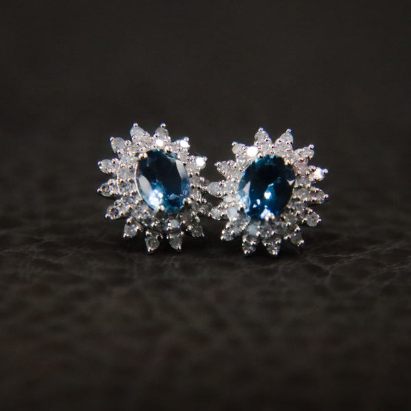 14K White Gold 1/4CT. Diamond & Aquamarine Starburst Earrings