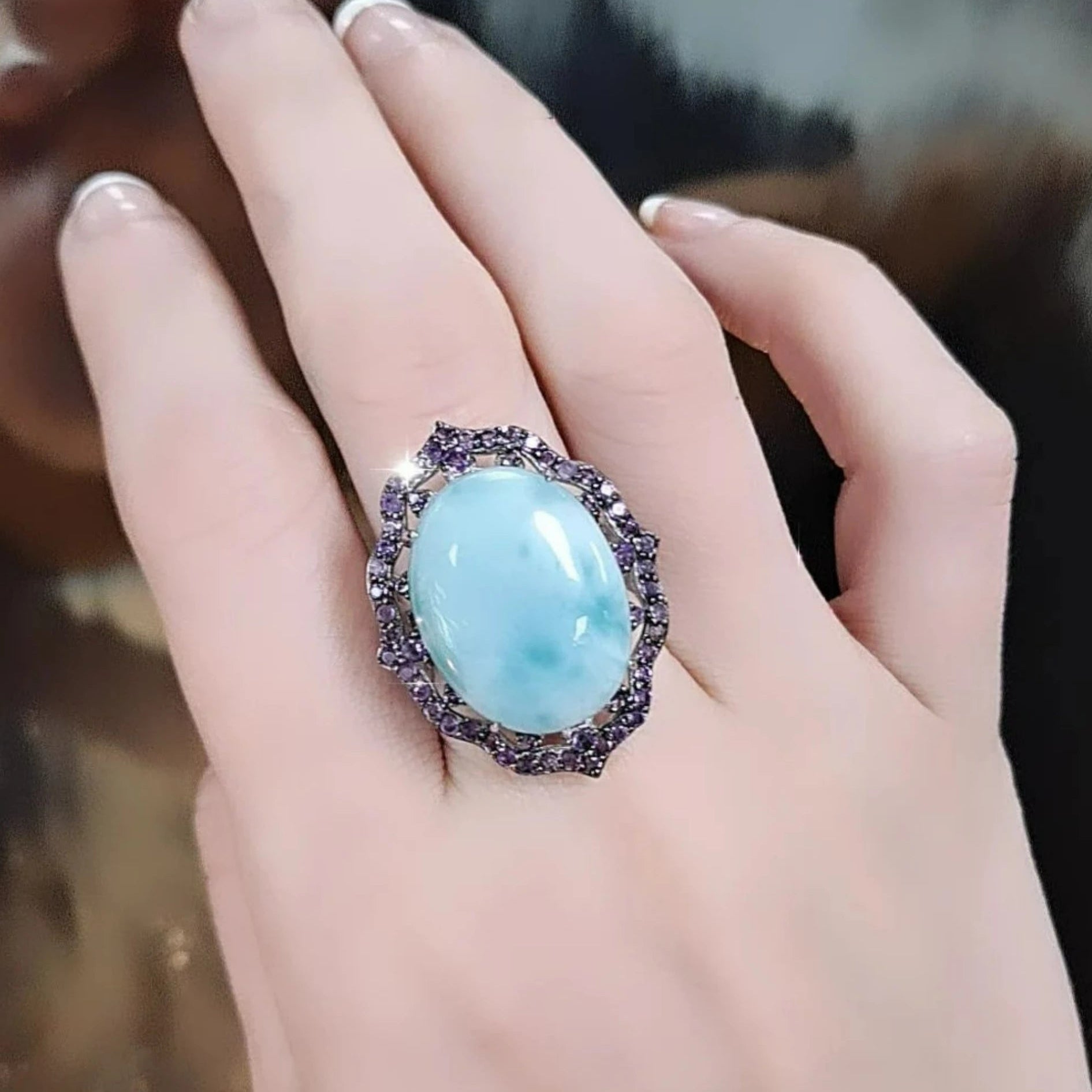 Sterling Silver Large Larimar & Amethyst Cocktail Ring