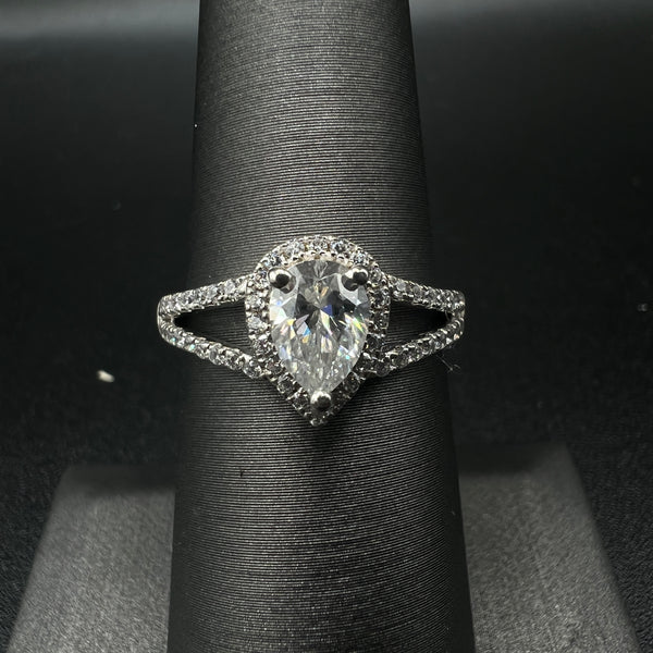 Sterling Silver 3/4CT. Pear-Cut Moissanite Halo Engagement Ring