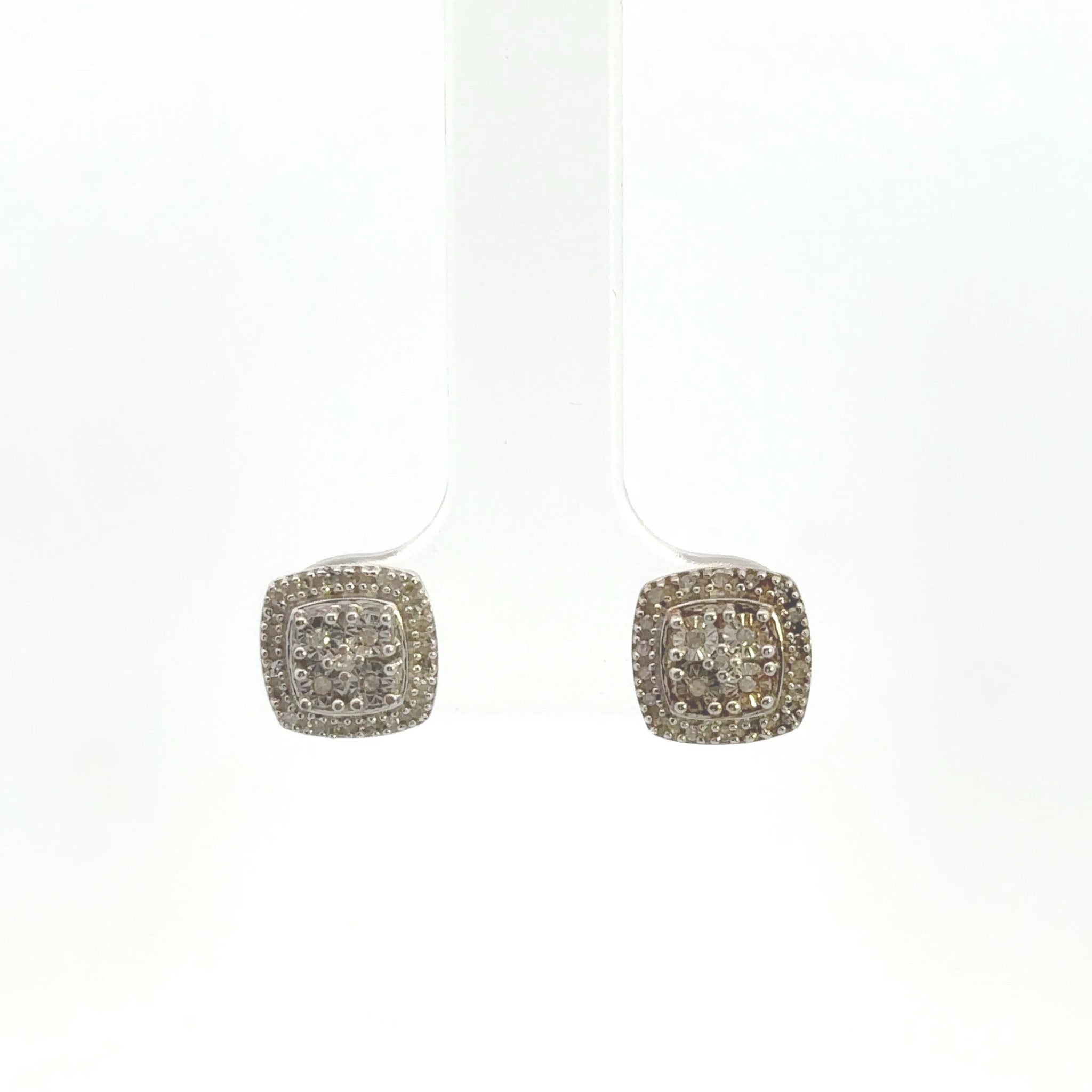 Sterling Silver .10ctw Diamond Cushion Halo Studs