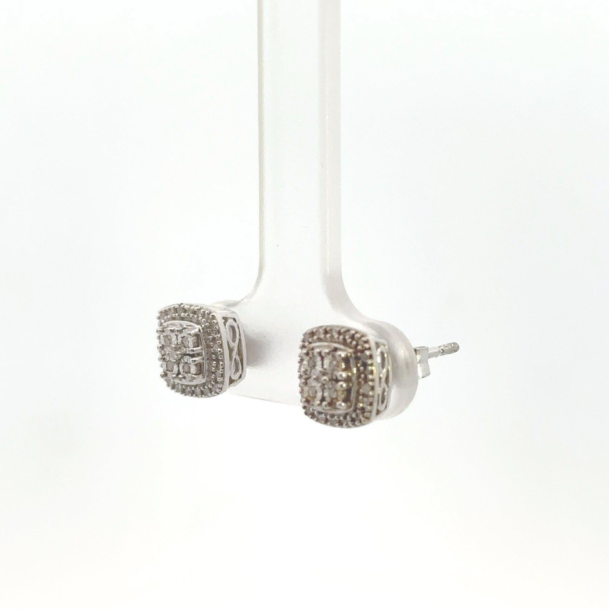 Sterling Silver .10ctw Diamond Cushion Halo Studs