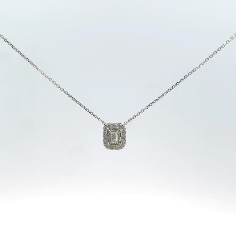 14K White Gold 1/10CT. Emerald-Cut Diamond Halo Necklace