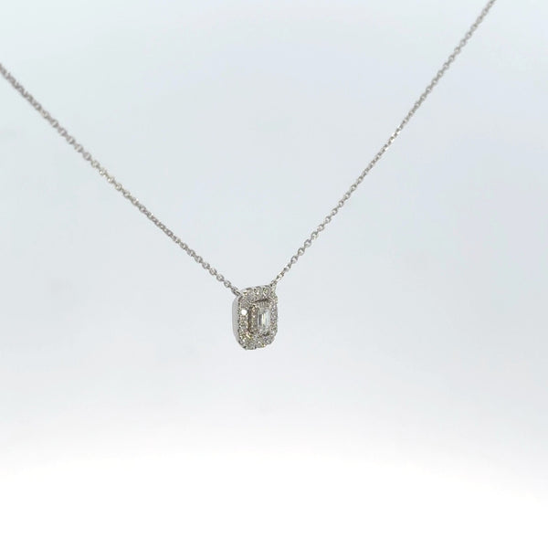 14K White Gold 1/10CT. Emerald-Cut Diamond Halo Necklace
