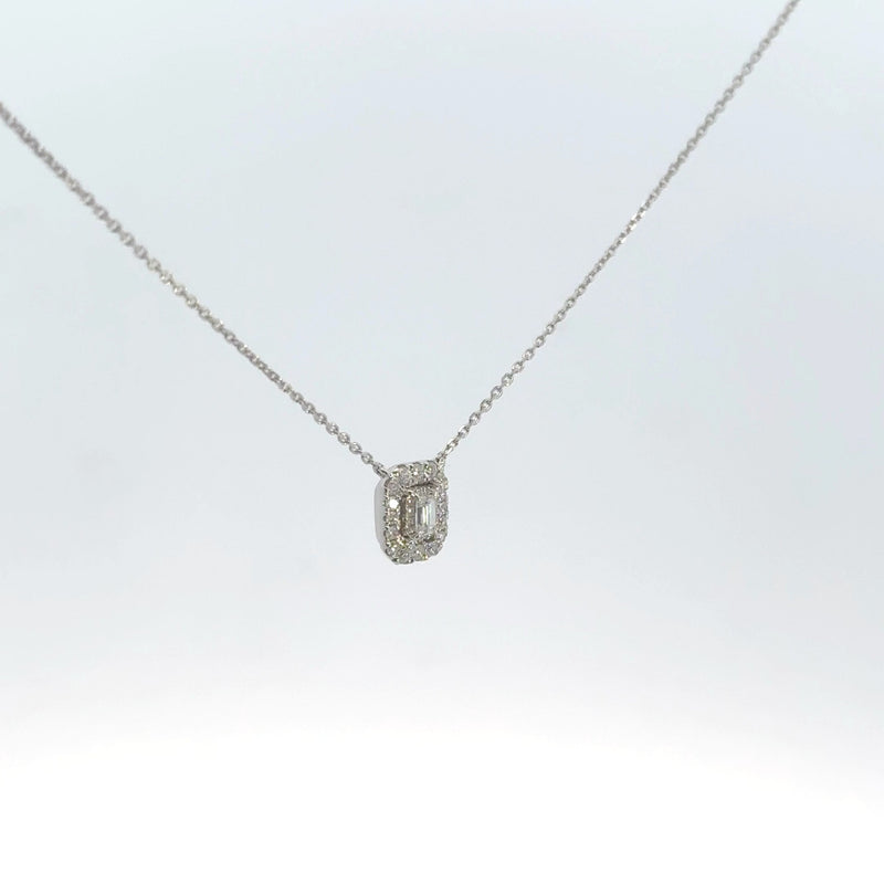 14K White Gold 1/10CT. Emerald-Cut Diamond Halo Necklace
